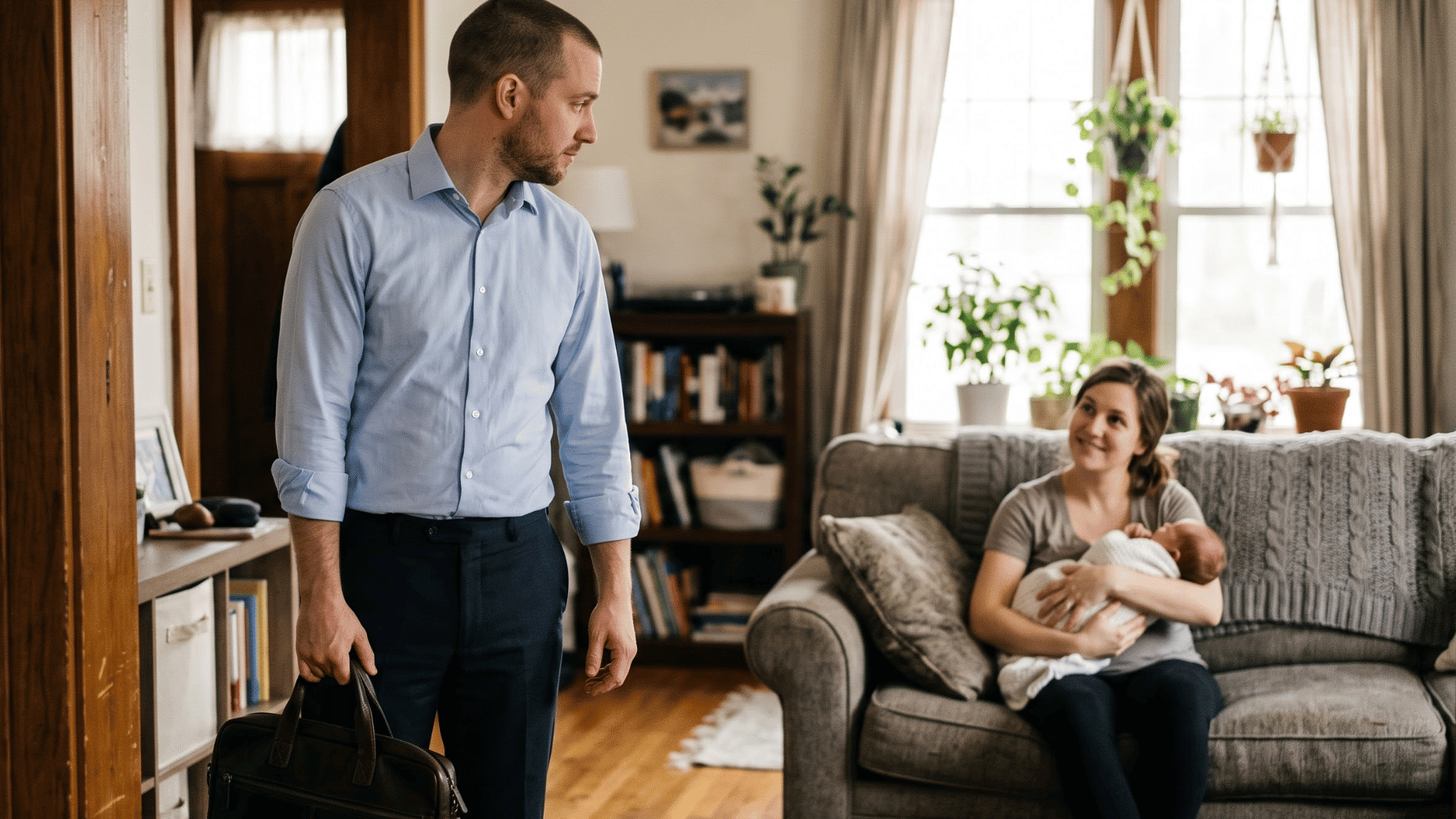 father leaving for work while mother holds newborn baby on couch