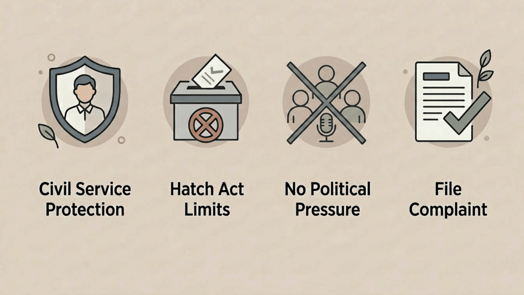 icons showing civil service protection, hatch act limits, no political pressure, and a complaint filing option for staff