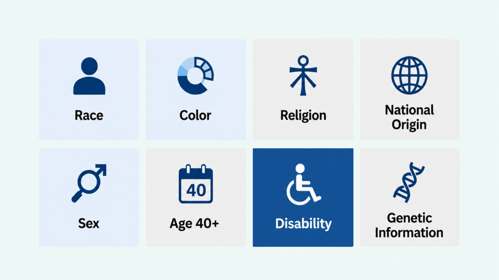 federal <echighlighted>protected characteristics</echighlighted> under U.S. employment discrimination law, including race, religion, sex, age, disability, and genetic information