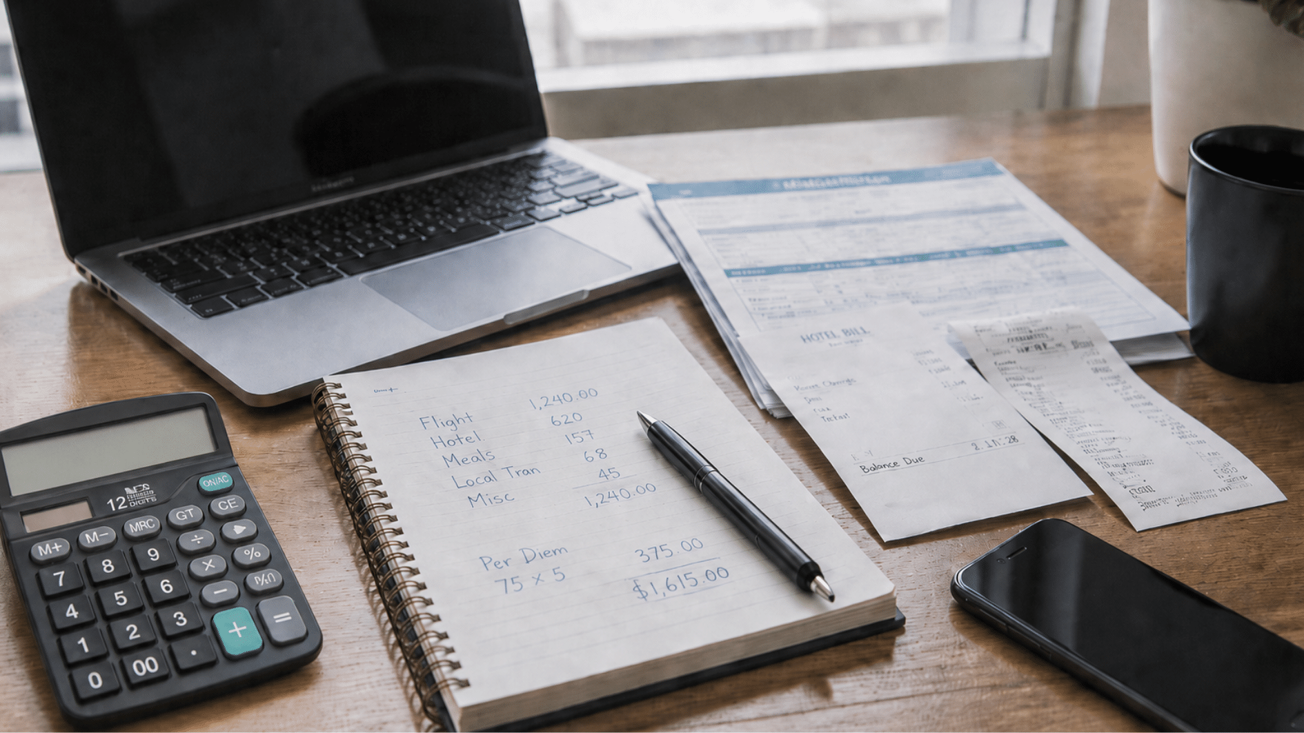 calculator, laptop, receipts, notebook, phone, and coffee arranged on an office desk for per diem expense planning