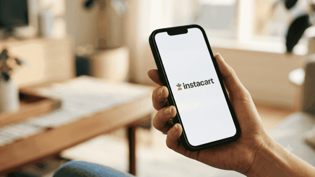 hand holding a smartphone displaying the Instacart logo on the screen