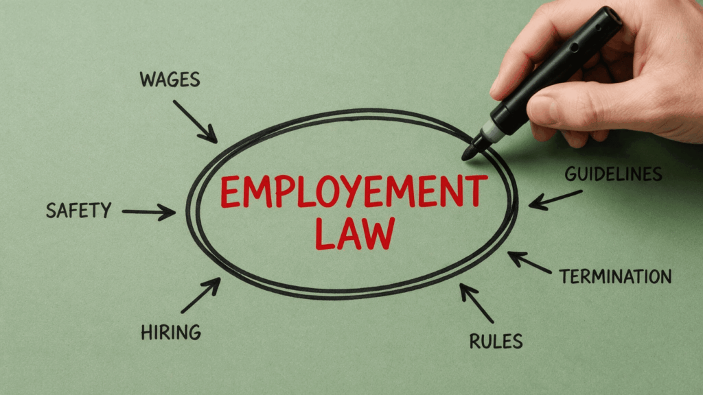 Illustration highlighting key areas of employment law, including wages, safety, hiring, rules, and termination