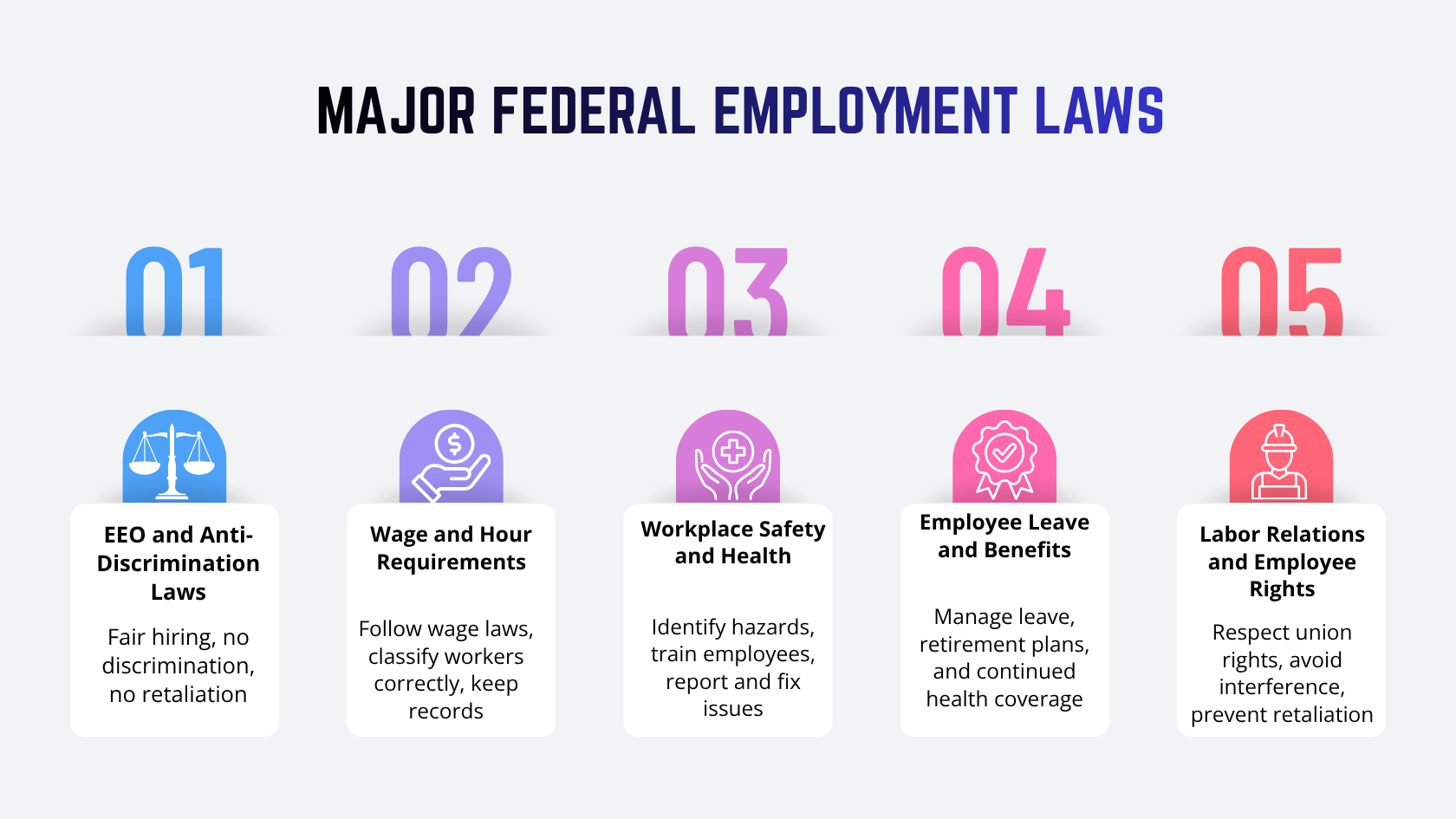 Infographic summarizing five major federal employment law areas and key employer responsibilities.