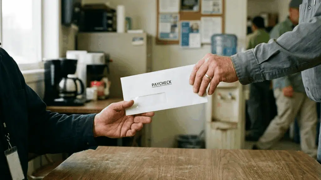 employer hands paychek to an employee across a desk