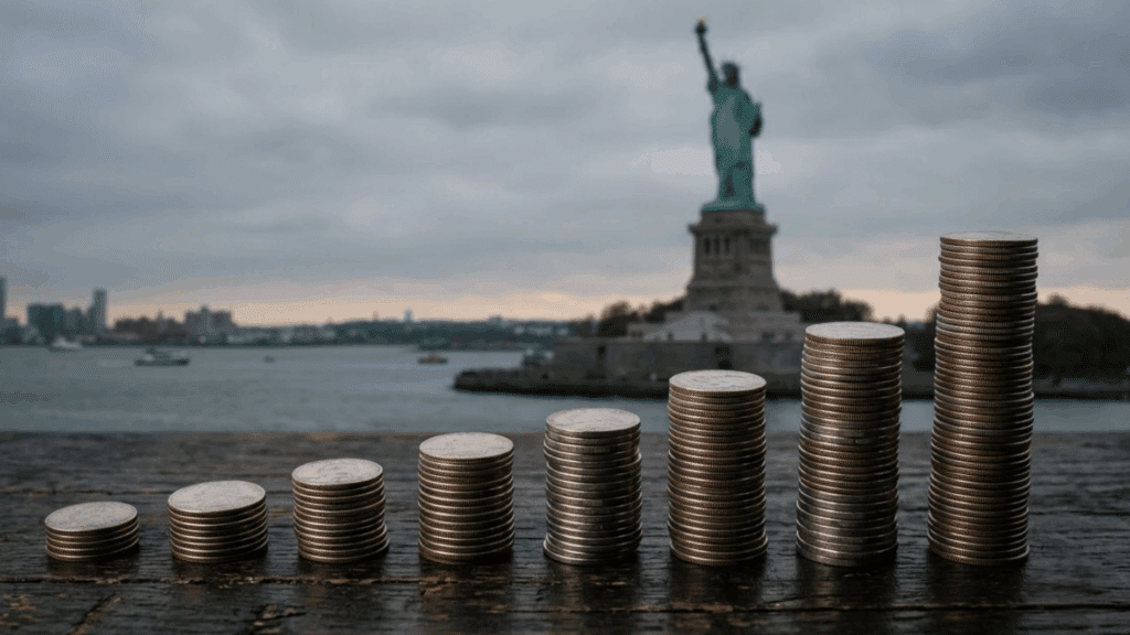 increasing coin stacks with the statue of liberty in the background representing new york minimum wage rates
