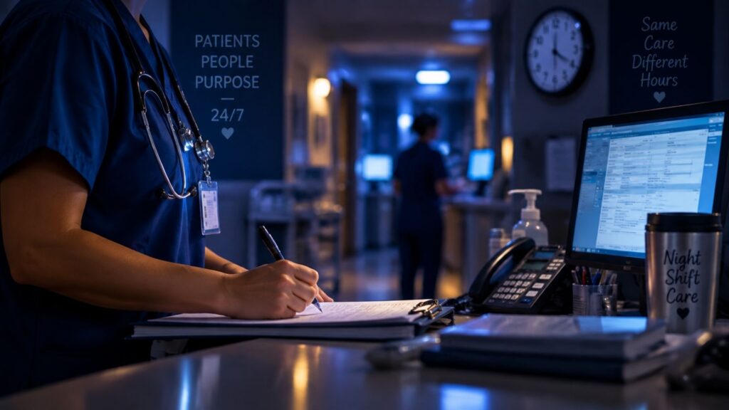 nurse documenting patient care at a hospital workstation during a noc shift with medical equipment nearby