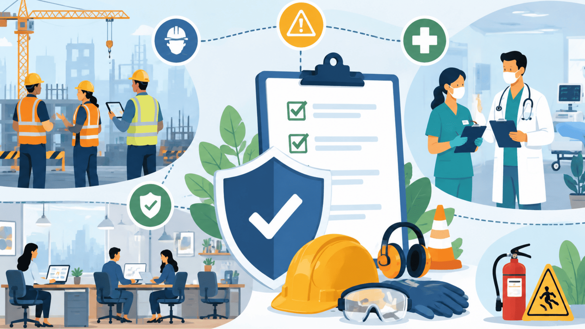 OSHA workplace safety illustration showing construction, healthcare, and office environments with safety equipment and guidelines