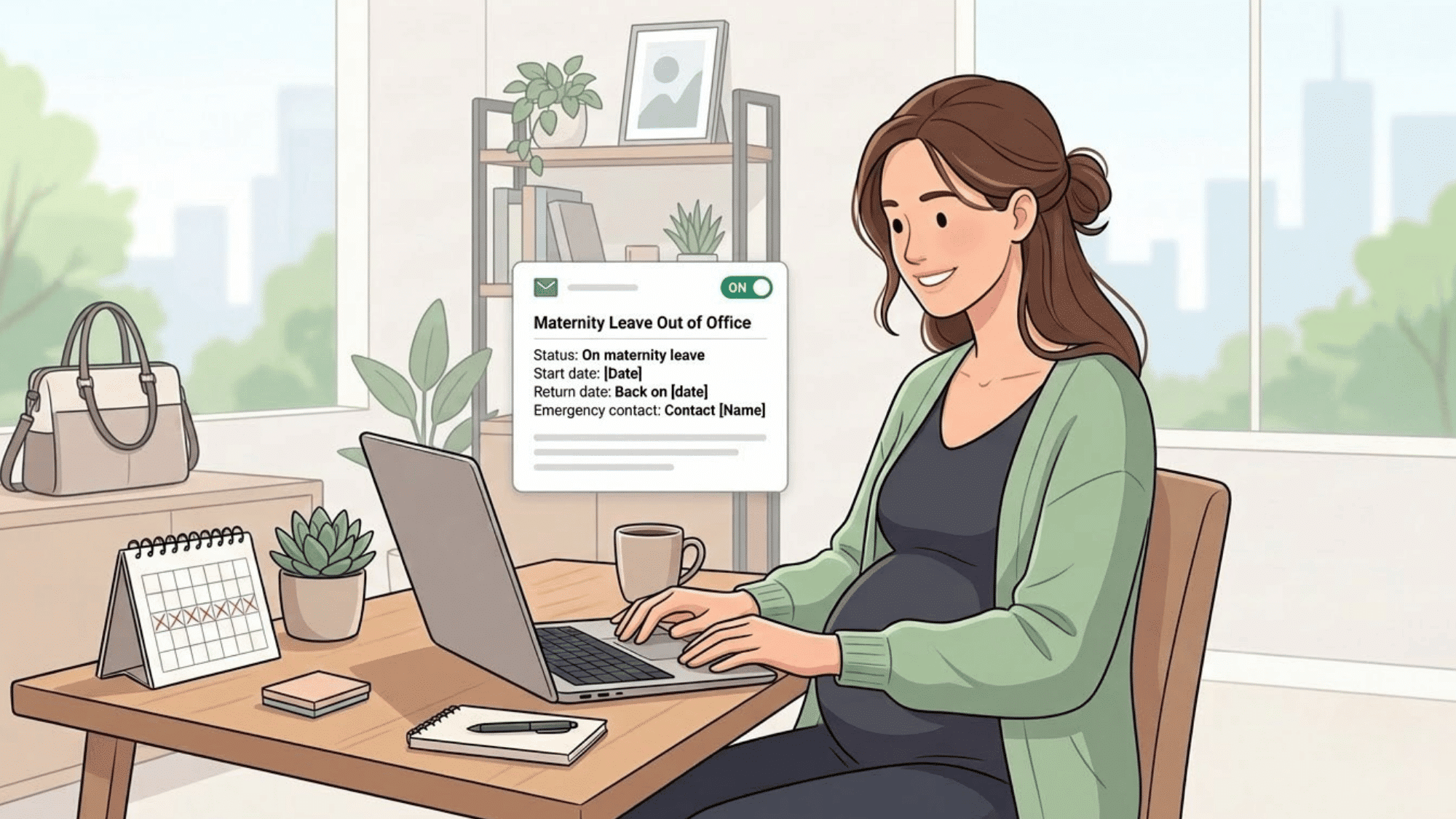 illustrative image showing pregnant employee setting a maternity leave out of office reply on her laptop in a modern office