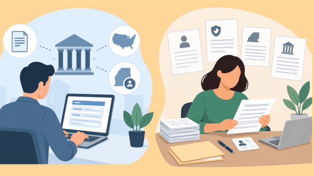Illustration of a small business owner setting up payroll accounts and organizing employee forms before the first payday