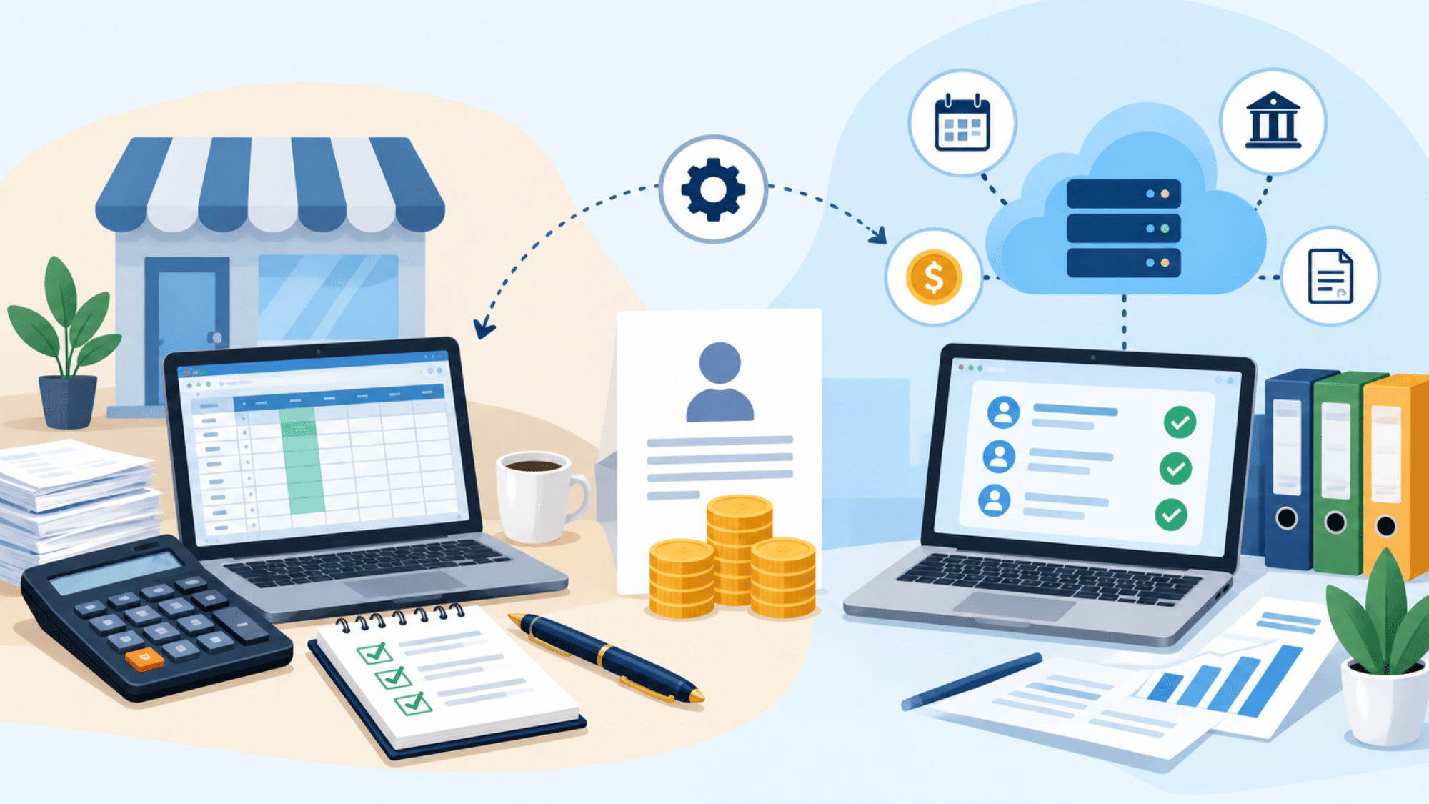 illustration of diy payroll with a laptop calculator employee records tax icons and automated payroll tools for a small business