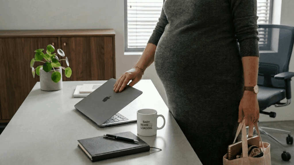 pregnant employee closing her laptop and leaving an office with a work bag beside a desk and baby loading mug