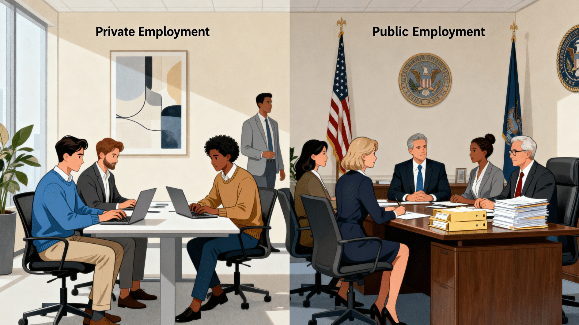 side-by-side illustration comparing employees in a private office with public-sector employees meeting in a government workplace.
