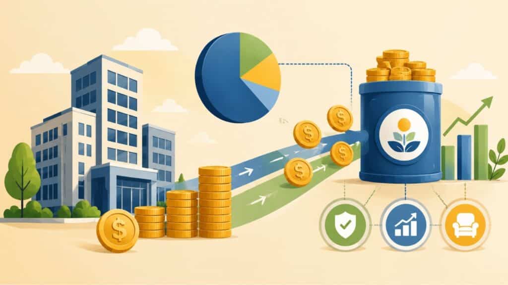 Illustration showing profit sharing plan concept with business profits, employee savings, and retirement growth symbols.