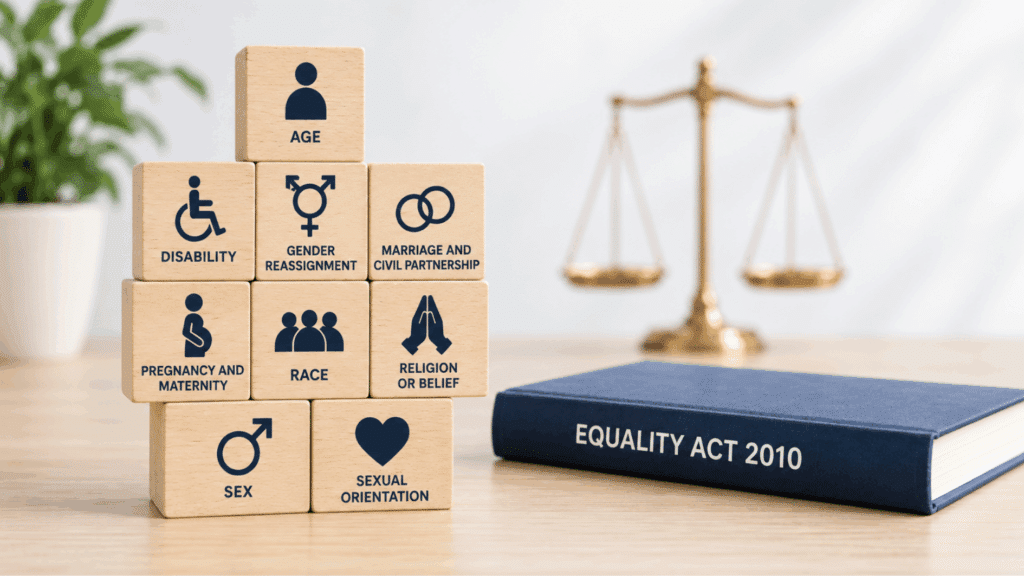 wooden blocks showing protected characteristics beside an Equality Act 2010 book and brass scales