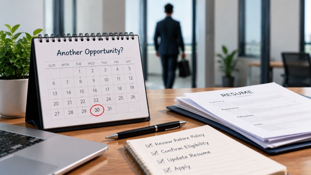 Resume and HR checklist on office desk showing the process of how long can you get rehired after being terminated