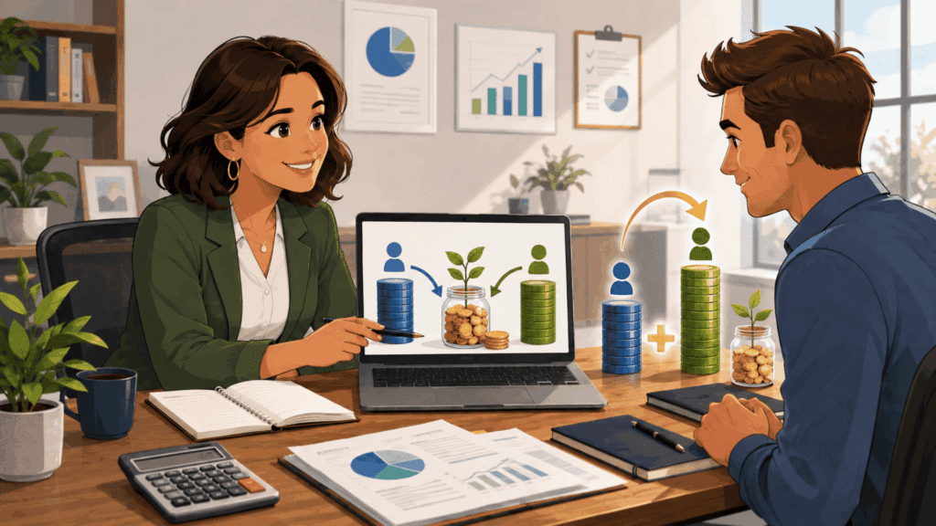 hr manager and employee reviewing safe harbor 401(k) matching with savings and coin icons on a laptop