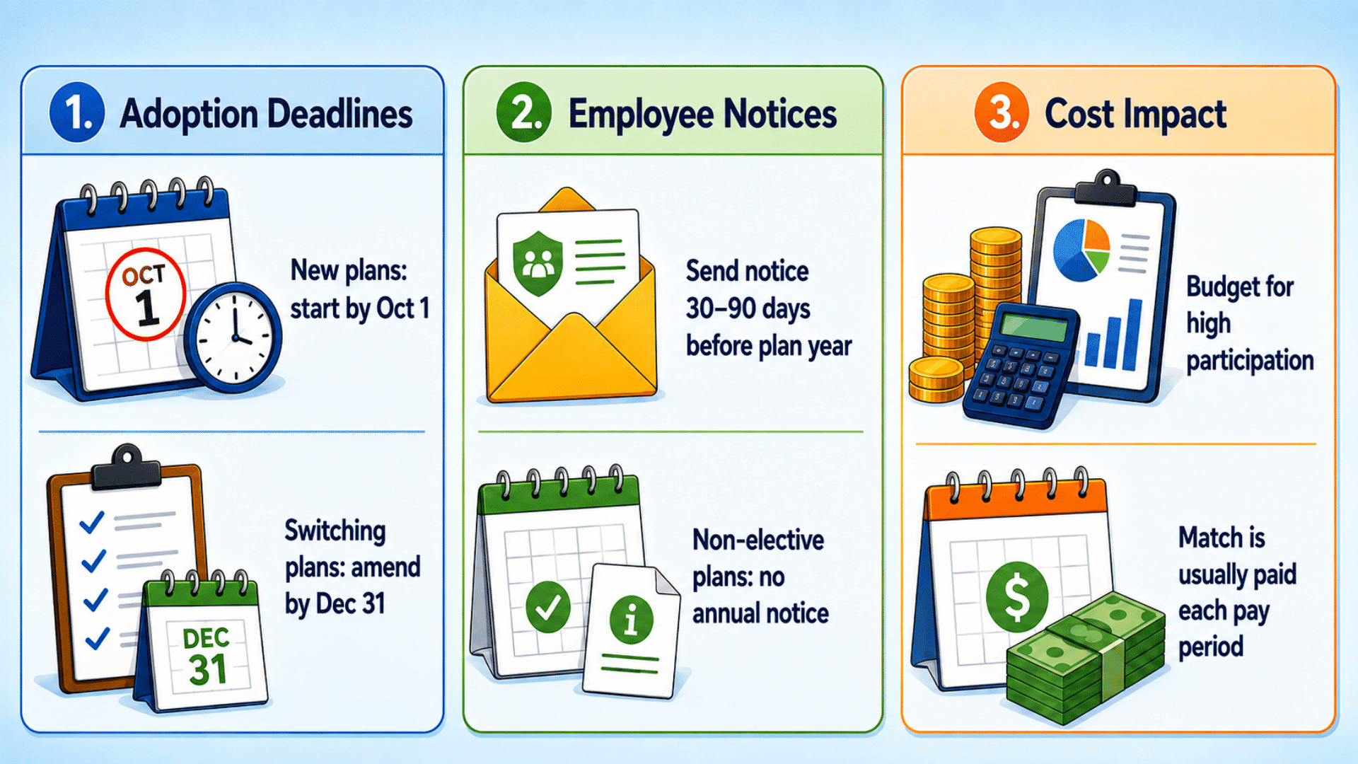 infographic showing safe harbor match deadlines, employee notice timing, and employer contribution cost planning.