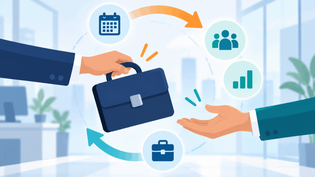 secondment infographic showing an employee moving between two organizations with goals agreements and collaboration icons