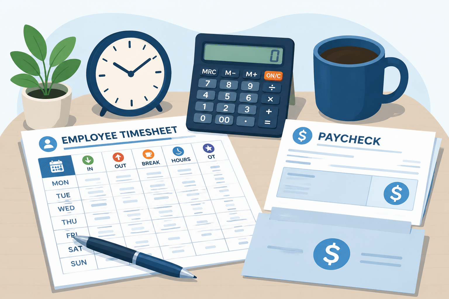 employee overtime pay calculation with timesheet and payroll documents