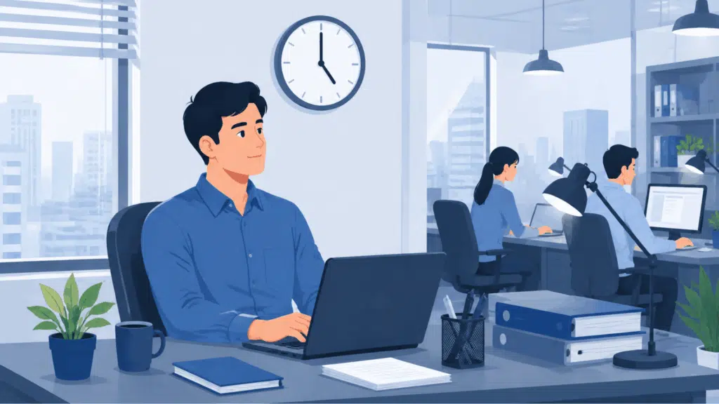 employee working calmly at a desk in an office while maintaining healthy work-life boundaries during silent quitting