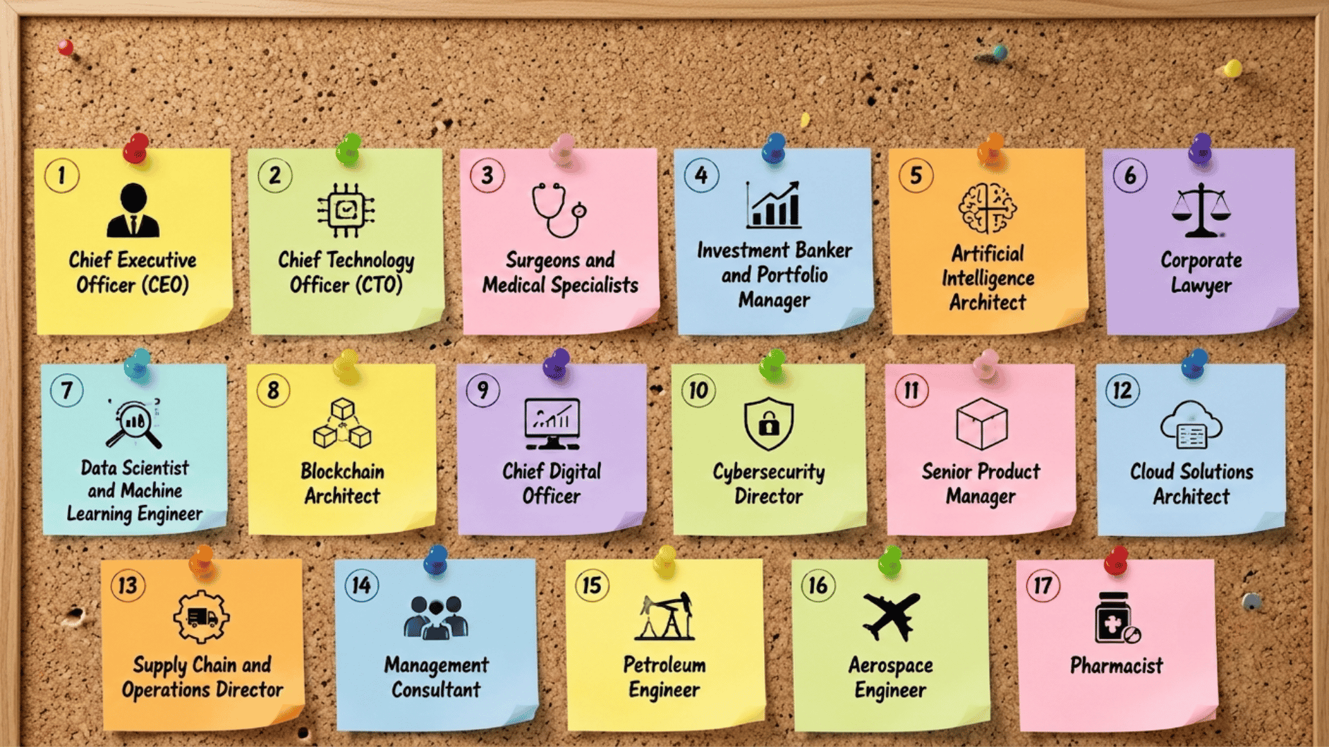 Sticky notes showing 17 highest-paying jobs including executives, technology, and medical roles.