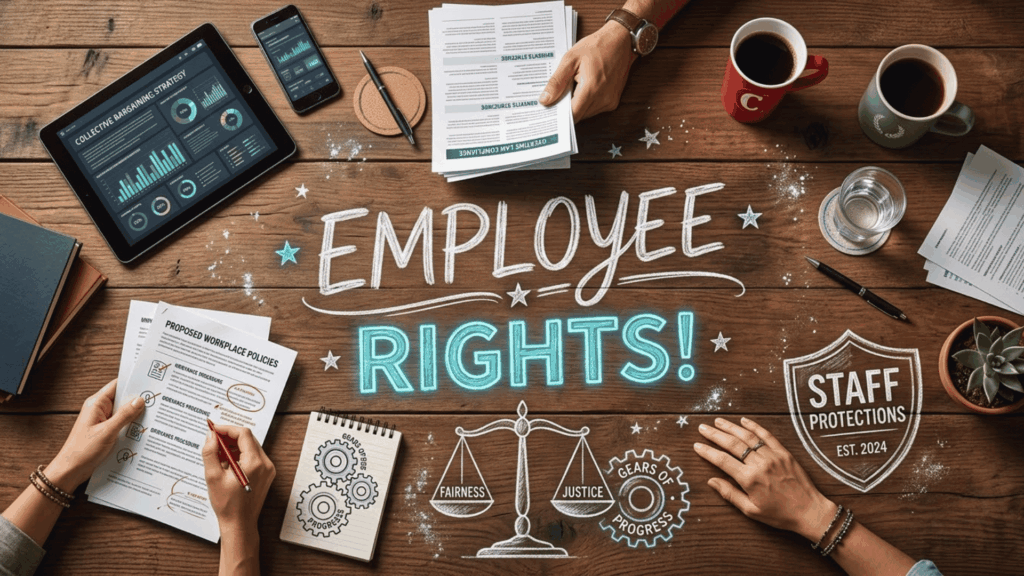 employee rights concept with workplace documents, policies, and legal protection symbols