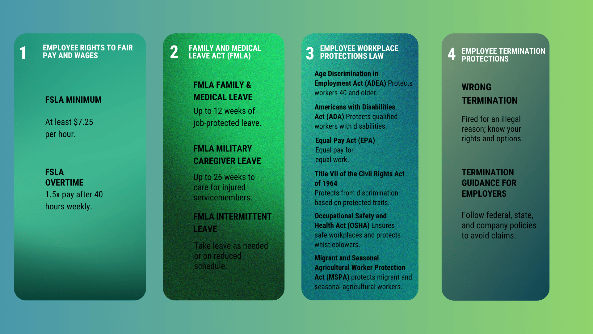 Employee rights infographic covering wages, leave, workplace protections, and termination rights.