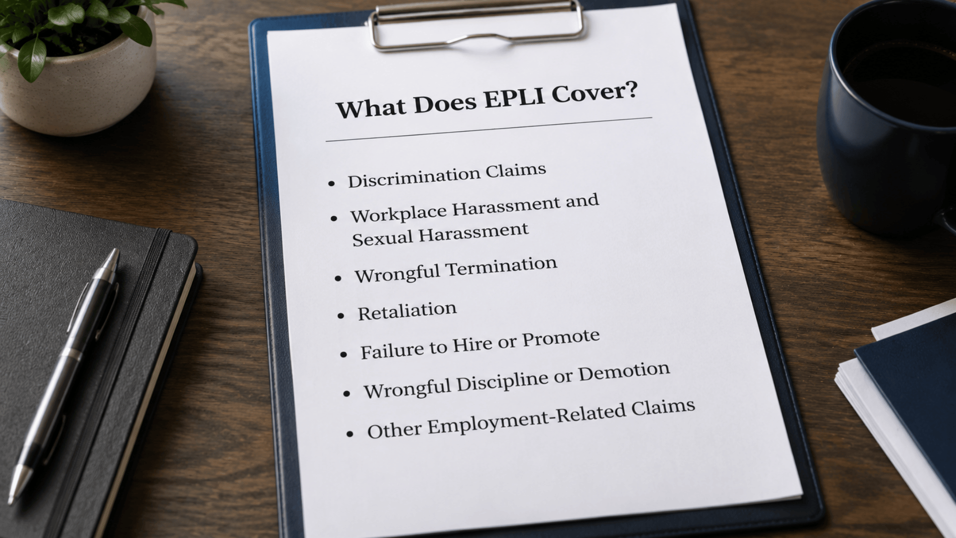 what is epli insurance document with What Does EPLI Cover title and bullet list on paper, pen, and coffee cup visible