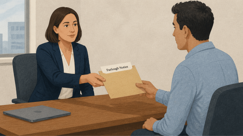 hr representative handing an employee an envelope containing a furlough notice in a simple office setting
