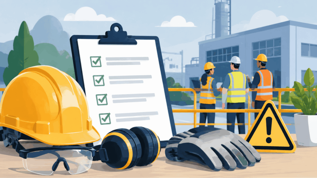 workplace safety illustration showing OSHA concepts with protective gear, checklist, warning signs, and industrial background