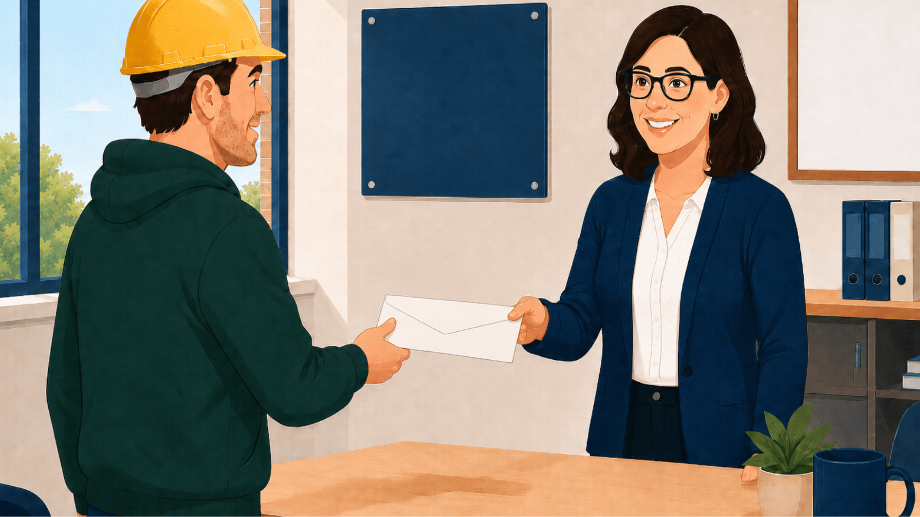 Wisconsin worker receives a paycheck from an office employee during a professional payroll meeting.
