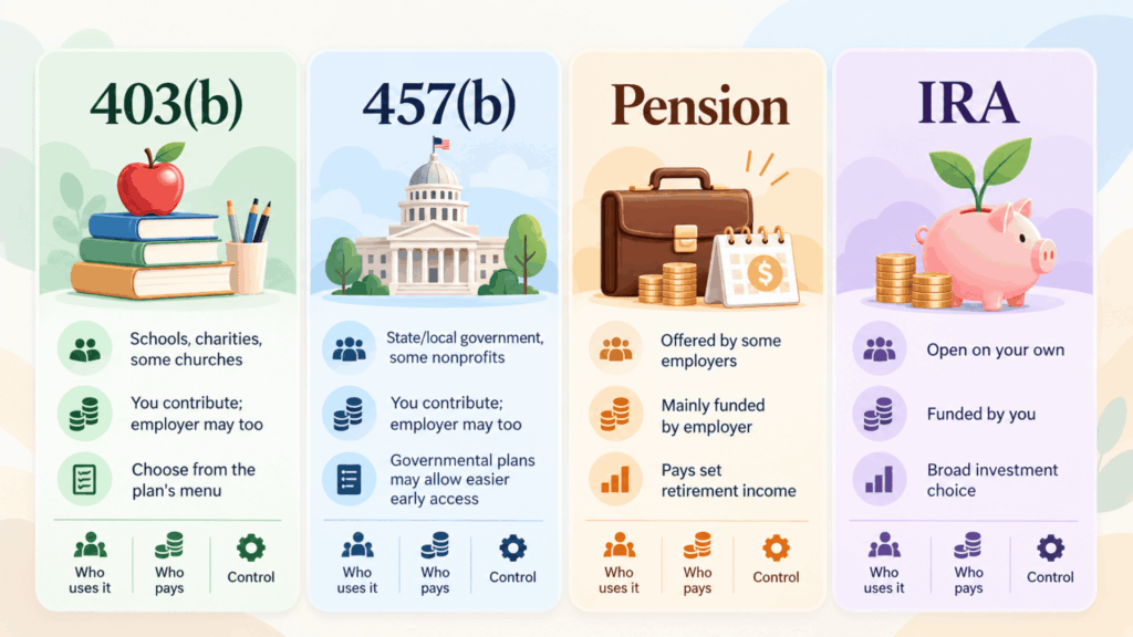 illustrated comparison of 403(b), 457(b), pension, and IRA plans showing users, funding sources, and investment control