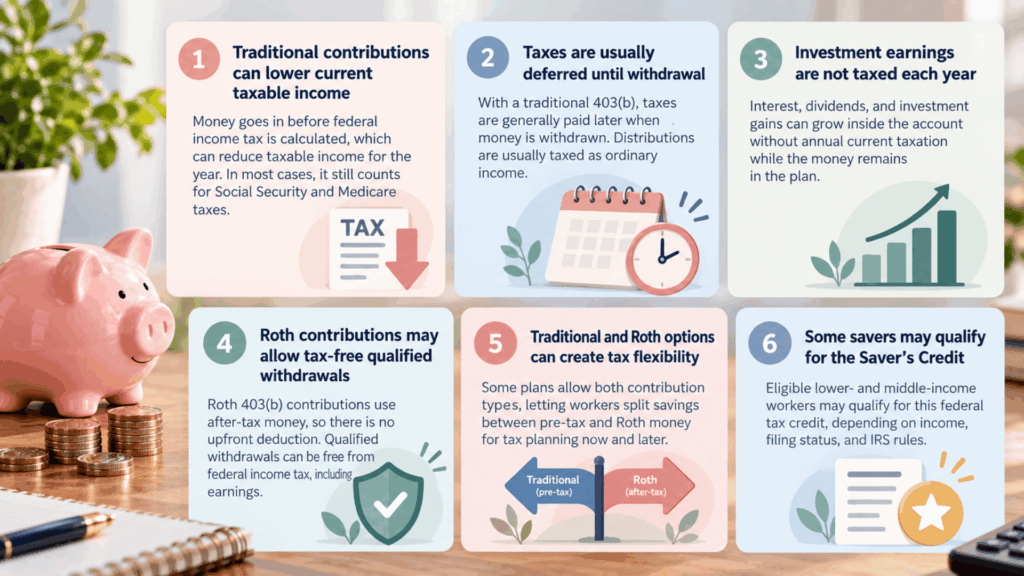 six-part infographic explaining 403(b) tax benefits, including tax deferral, Roth withdrawals, growth, and Saver’s Credit