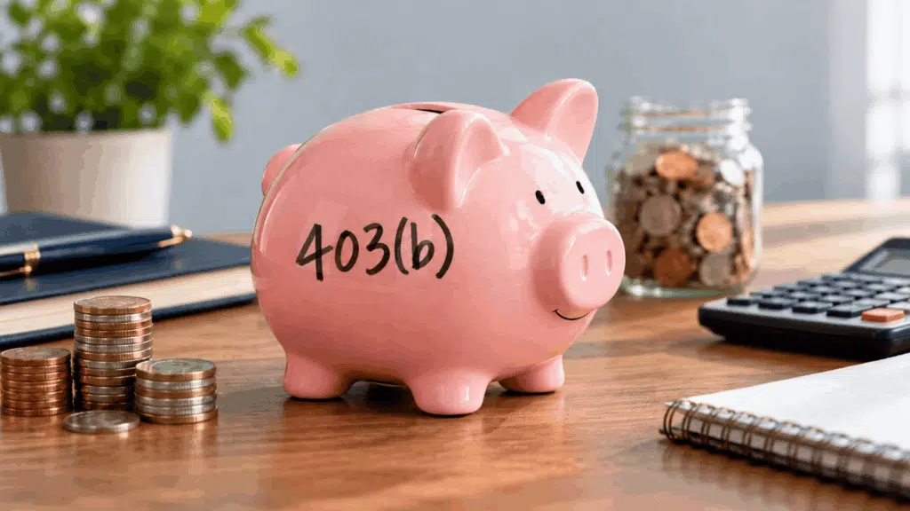 pink piggy bank labeled “403(b)” beside coins, calculator, notebook, and savings jar on a bright office desk